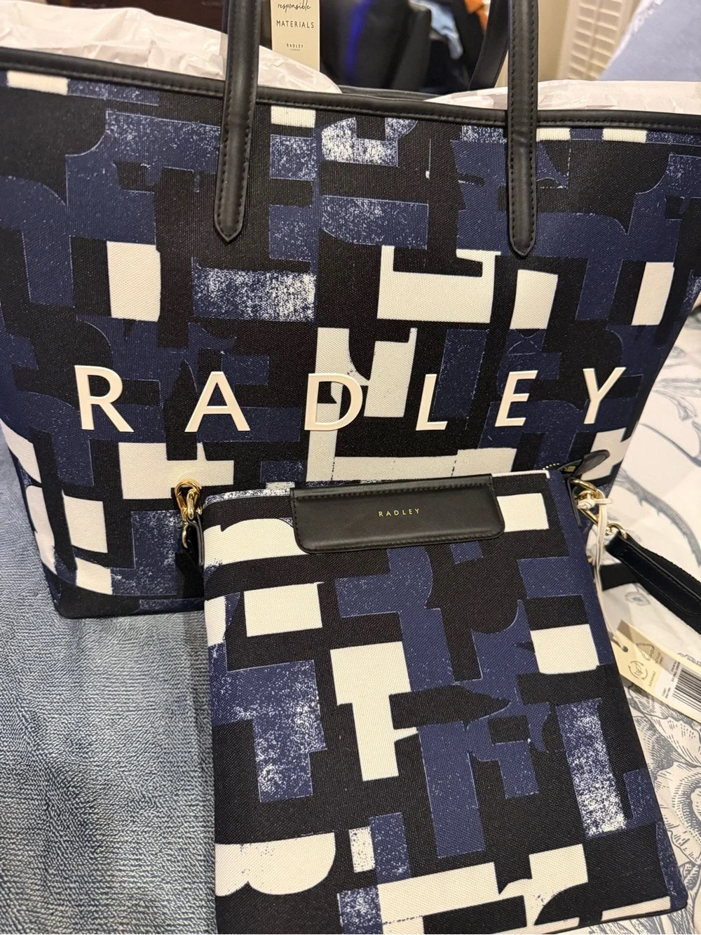 RADLEY LONDON Navy, White & Black Geometric Tote with Matching Pouch